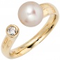 Mobile Preview: Damen Ring 585 Gold Gelbgold 1 Süßwasser Perle 1 Diamant Brillant Perlenring