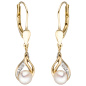 Preview: Boutons 585 Gold Gelbgold 2 Süßwasser Perlen 2 Diamanten Ohrringe Ohrhänger