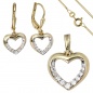 Preview: Schmuck-Set 333 Herz Gold Gelbgold Zirkonia Ohrringe Anhänger und Kette 42 cm