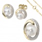 Preview: Schmuck-Set 585 Gelbgold bicolor 3 Perlen 4 Diamanten Ohrringe und Kette 42 cm