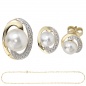 Preview: Schmuck-Set 585 Gelbgold bicolor 3 Perlen 4 Diamanten Ohrringe und Kette 45 cm