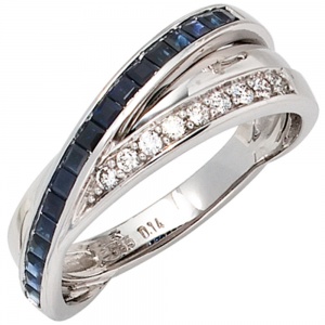 Damen Ring 585 Gold Weißgold 9 Diamanten Brillanten 0,14ct. 17 Safire blau