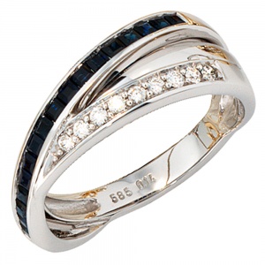Damen Ring 585 Gold Weißgold 9 Diamanten Brillanten 0,14ct. 16 Safire blau