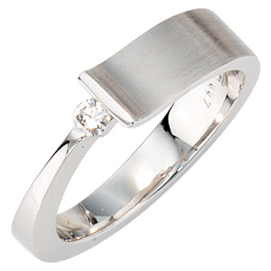 Damen Ring 585 Gold Weißgold teilmatt 1 Diamant Brillant 0,07ct. Weißgoldring