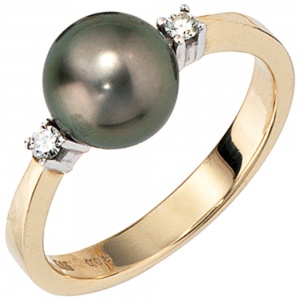 Damen Ring 585 Gold Gelbgold 2 Diamanten Brillanten 1 Tahiti Perle Perlenring