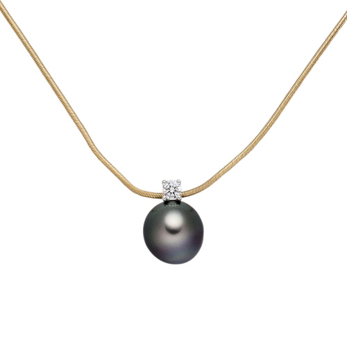 Preview: Collier Kette mit Anhänger 585 Gold 1 Tahiti Perle 1 Diamant Brilllant 42 cm