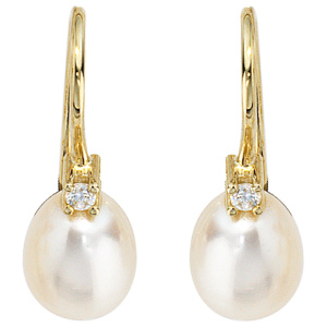 Preview: Ohrhänger 333 Gold Gelbgold 2 Süßwasser Perlen 2 Zirkonia Ohrringe Goldohrringe
