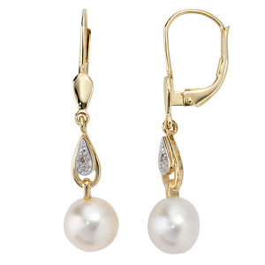 Boutons 585 Gold Gelbgold 2 Diamanten 2 Süßwasser Perlen Ohrringe Ohrhänger