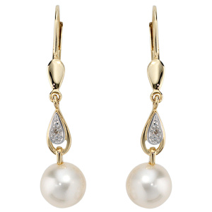 Preview: Boutons 585 Gold Gelbgold 2 Diamanten 2 Süßwasser Perlen Ohrringe Ohrhänger