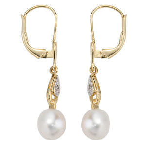 Preview: Boutons 585 Gold Gelbgold 2 Diamanten 2 Süßwasser Perlen Ohrringe Ohrhänger