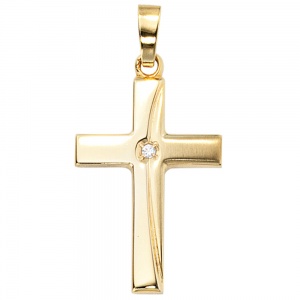 Anhänger Kreuz 333 Gold Gelbgold teil matt 1 Zirkonia Kreuzanhänger Goldkreuz