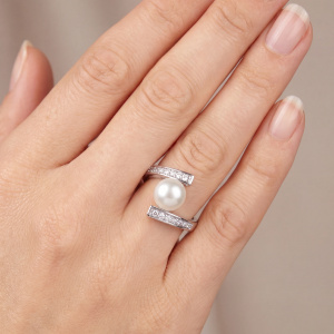 Preview: Damen Ring 925 Sterling Silber 1 Süßwasser Perle 14 Zirkonia Perlenring