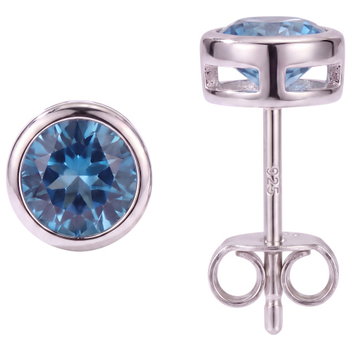 Ohrstecker rund 925 Sterling Silber rhodiniert 2 Zirkonia hellblau blau Ohrringe