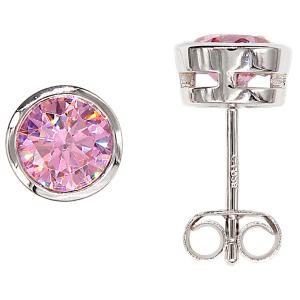 Ohrstecker rund 925 Sterling Silber rhodiniert 2 Zirkonia rosa rosé Ohrringe