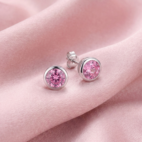 Preview: Ohrstecker rund 925 Sterling Silber rhodiniert 2 Zirkonia rosa rosé Ohrringe