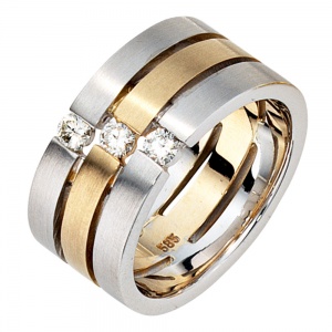 Damen Ring 3-reihig breit 585 Gold Weißgold Gelbgold bicolor matt 3 Diamanten
