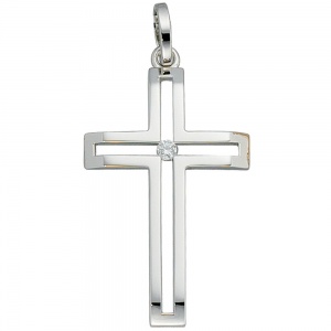 Anhänger Kreuz 585 Gold Weißgold 1 Diamant Brillant Kreuzanhänger Weißgoldkreuz