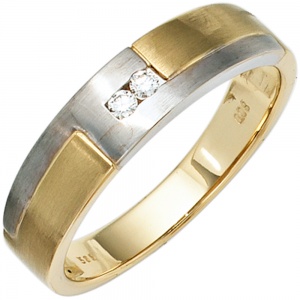 Herren Ring 585 Gold Gelbgold Weißgold mattiert 2 Diamanten Brillanten Goldring