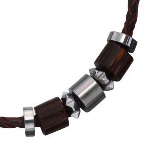 Collier Halskette Leder schwarz mit Edelstahl und Holz 45 cm Kette Lederkette