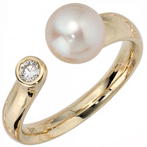 Damen Ring 585 Gold Gelbgold 1 Süßwasser Perle 1 Diamant Brillant Perlenring