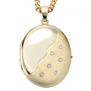 Medaillon oval 585 Gold Gelbgold mattiert 6 Diamanten Anhänger zum Öffnen