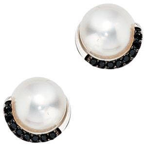 Ohrstecker 585 Gold Weißgold 16 Diamanten Brillanten 2 Süßwasser Perlen Ohrringe