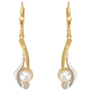Preview: Boutons 333 Gold Gelbgold 2 Süßwasser Perlen 2 Zirkonia Ohrringe Ohrhänger