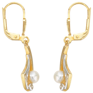 Preview: Boutons 333 Gold Gelbgold 2 Süßwasser Perlen 2 Zirkonia Ohrringe Ohrhänger