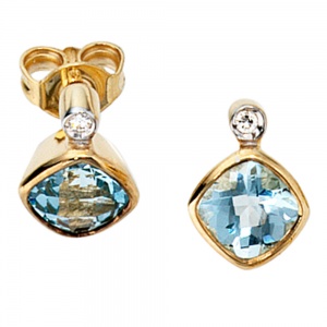 Ohrstecker 333 Gold Gelbgold 2 Diamanten 2 Blautopase hellblau blau Ohrringe
