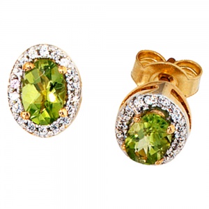 Ohrstecker oval 585 Gelbgold 36 Diamanten 2 Peridote grün Peridot Ohrringe