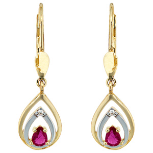 Preview: Boutons 585 Gold Gelbgold 2 Diamanten Brillanten 2 Rubine rot Ohrringe Ohrhänger