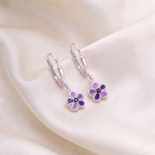 Preview: Kinder Boutons Blume 925 Silber 2 Glassteine lila violett Ohrringe Ohrhänger