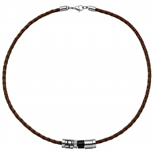 Collier Halskette Leder braun mit Edelstahl und Holz 45 cm Kette Lederkette