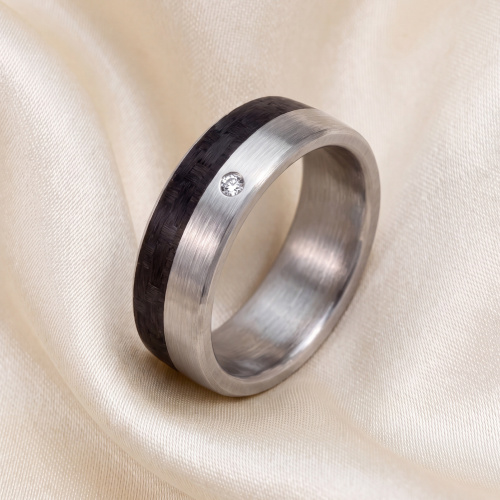 Preview: Partner Ring Edelstahl matt mit Carbon 1 Diamant Brillant