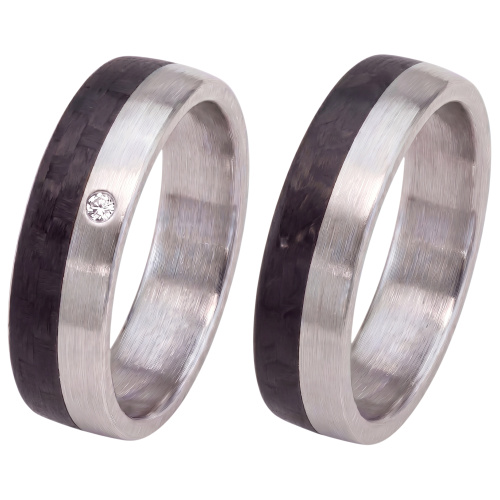 Partner Ring Edelstahl matt mit Carbon 1 Diamant Brillant