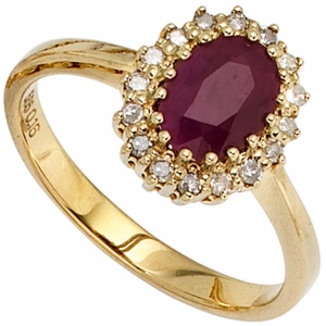 Damen Ring 585 Gold Gelbgold 1 Rubin rot 16 Diamanten 0,16ct. Goldring