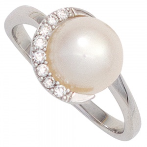 Damen Ring 585 Gold Weißgold 1 Süßwasser Perle 8 Diamanten Brillanten Goldring