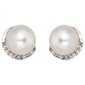 Preview: Ohrstecker 585 Gold Weißgold 2 Süßwasser Perlen 16 Diamanten Brillanten Ohrringe