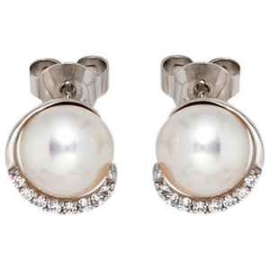 Preview: Ohrstecker 585 Gold Weißgold 2 Süßwasser Perlen 16 Diamanten Brillanten Ohrringe