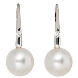 Preview: Boutons 585 Gold Weißgold 2 Süßwasser Perlen 2 Diamanten Ohrringe Ohrhänger