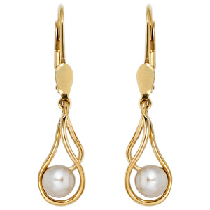 Preview: Boutons 585 Gold Gelbgold 2 Süßwasser Perlen Ohrringe Ohrhänger Perlenohrringe