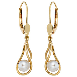 Preview: Boutons 585 Gold Gelbgold 2 Süßwasser Perlen Ohrringe Ohrhänger Perlenohrringe