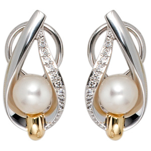 Preview: Ohrstecker 585 Weißgold Gelbgold 2 Süßwasser Perlen 18 Diamanten Ohrringe