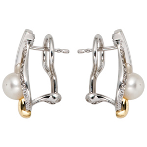 Preview: Ohrstecker 585 Weißgold Gelbgold 2 Süßwasser Perlen 18 Diamanten Ohrringe