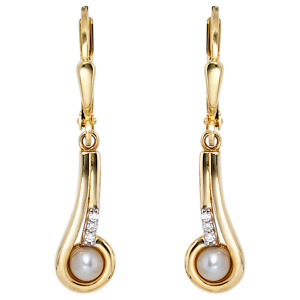 Preview: Boutons 333 Gold Gelbgold 2 Süßwasser Perlen 6 Zirkonia Ohrringe Ohrhänger