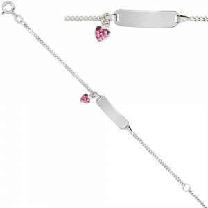 Schildband Herz 925 Sterling Silber mit rosa Glasstein 14 cm Gravur ID Armband
