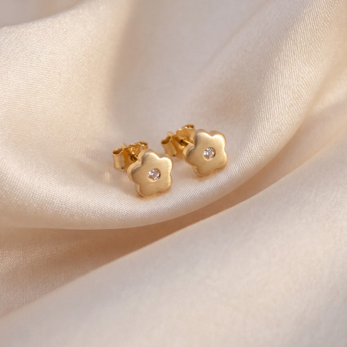 Preview: Kinder Ohrstecker Blume Blumen 333 Gold Gelbgold mattiert 2 Zirkonia Ohrringe