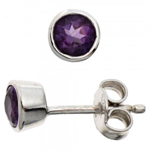 Ohrstecker rund 925 Sterling Silber rhodiniert 2 Amethyste lila violett Ohrringe