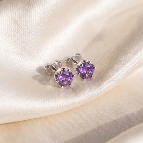 Preview: Ohrstecker rund 925 Sterling Silber rhodiniert 2 Amethyste lila violett Ohrringe