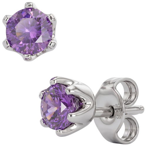 Preview: Ohrstecker rund 925 Sterling Silber rhodiniert 2 Amethyste lila violett Ohrringe